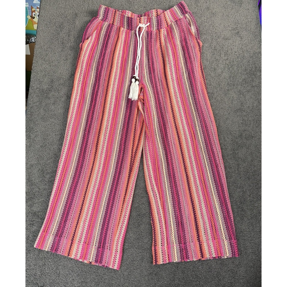 C&C California Pink Striped Wide Leg Knit Pants L Tassel Drawstring Boho Summer